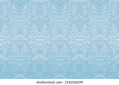 Eingegossen satin eleganter blauer Hintergrund, Cover-Design. Geometrisches 3D-Muster, ethnische Struktur. Kreativität der Völker Ost, Asien, Indien, Mexiko, Azteken, Peru.