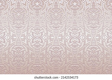 Embossed satin luxury light background, cover design. Geometric 3d pattern, ethnic texture. Creativity of the peoples of the East, Asia, India, Mexico, Aztecs, Peru.