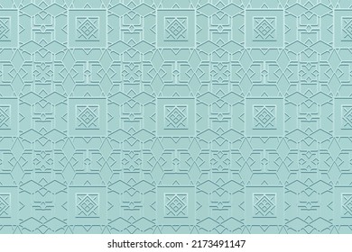 Embossed satin soft turquoise background, cover design. Geometric elegant 3D pattern, ethnic texture. Tribal ornaments of the East, Asia, India, Mexico, Aztecs, Peru. National traditions.
