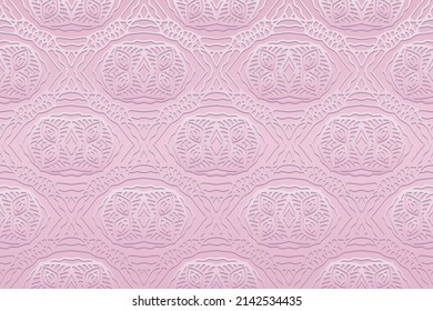 Satin embutido de fondo rosa de moda, diseño de portada. Patrón geométrico 3d, textura étnica. Creatividad de los pueblos de Oriente, Asia, India, México, Aztecas, Perú.
