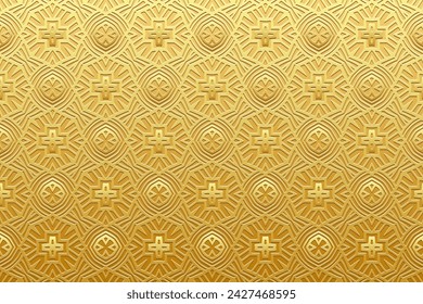 Embossed shiny gold background, cover design. Handmade. Ornaments, arabesques, boho style. Geometric gold 3D pattern. Vintage art of the East, Asia, India, Mexico, Aztec, Peru.