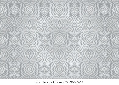 Embossed silver background, ethnic cover design. Geometric art 3D pattern, press paper. Boho style, art deco. Tribal ornaments of the peoples of the East, Asia, India, Mexico, Aztecs, Peru.