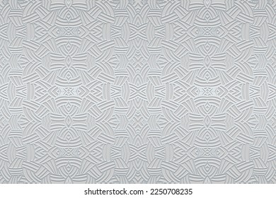 Embossed silver luxury background, ethnic cover design. Press paper, boho style. Geometric actual 3d pattern. Tribal ornamental motifs of the East, Asia, India, Mexico, Aztecs, Peru.