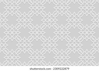 Elegante fondo blanco, diseño de portada étnica. Patrón geométrico 3D, papel de prensa, cuero. Boho, hecho a mano. Sabor tribal, arte original del Este, Asia, India, México, Azteca, Perú.