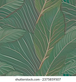 Embossed tropical leafy 3d pattern. Tropic green leaves relief background. Textured grunge backdrop. Surface emboss leaves. 3d beautiful tropical ornaments with embossing effect. Leafy ornate texture.