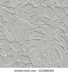 Embossed tropical leafy 3d seamless pattern. Tropic leaves relief white background. Repeat textured white backdrop. Surface emboss leaves. 3d endless ornaments with embossing effect. Leafy texture.