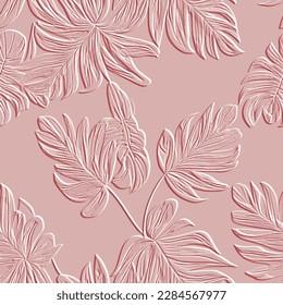 Embossed tropical leafy 3d seamless pattern. Tropic leaves relief pink background. Repeat textured pink backdrop. Surface emboss palm leaves. 3d endless ornament with embossing effect. Leafy texture.