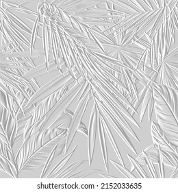 Embossed tropical palm leaves 3d seamless pattern. Tropic leaves relief white background. Repeat textured backdrop. Surface emboss palm leaves. 3d endless ornament with embossing effect. Leafy texture