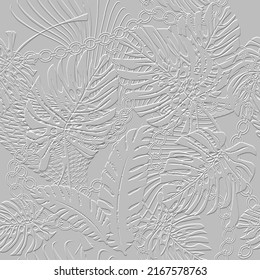 Embossed tropical palm leaves 3d seamless pattern. Tropic leaves relief white background. Repeat textured white backdrop. Surface emboss leaves. 3d ornament with chains, lines.  Leafy endless texture.