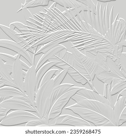 Hojas tropicales de palma embosadas con un patrón blanco de 3 d sin costuras. Hermoso fondo de relieve floral. Repetir el fondo vectorial texturizado. Hojas de la superficie. Tercer ornamento con efecto emboscador. Textura 3 d de Leafy