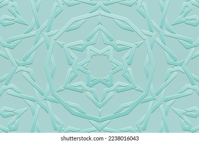 Embossed turquoise background, ethnic cover design. Press paper, boho style. Geometric 3d pattern. Luxurious tribal themes of East, Asia, India, Mexico, Aztecs, Peru with handmade elements.
