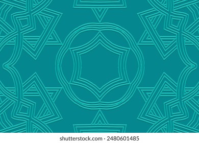 Embossed turquoise lorem background, cover design, banner. Geometric tribal 3D pattern. Ethnic ornaments, mandala, handmade. Art Deco, traditions of the East, Asia, India, Mexico, Aztec, Peru.