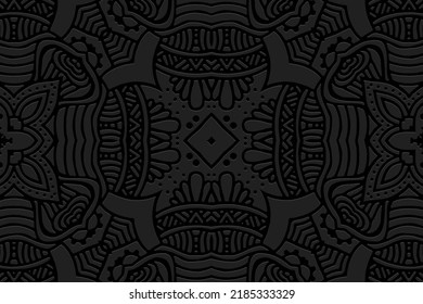 Embossed unique black background, ethnic cover design. Geometric vintage 3D pattern, arabesque, doodling texture. Tribal exotic ornaments of East, Asia, India, Mexico, Aztecs, Peru.