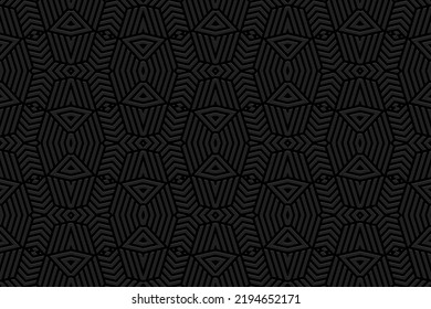Embossed unique black background, ethnic cover design. 3D pattern of geometric shapes, lines, stripes. Art deco style. Folk traditional ornaments of the East, Asia, India, Mexico, Aztecs, Peru.