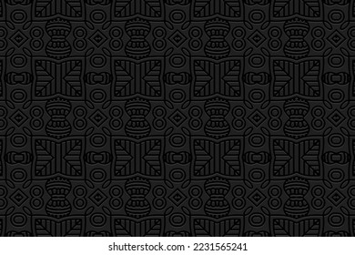 Con un fondo negro único y un diseño de portada étnica. Prensa papel, técnica hecha a mano, doodle y zentangle. Patrón tribal geométrico 3d. Temas de moda de Oriente, Asia, India, México, Aztecas, 