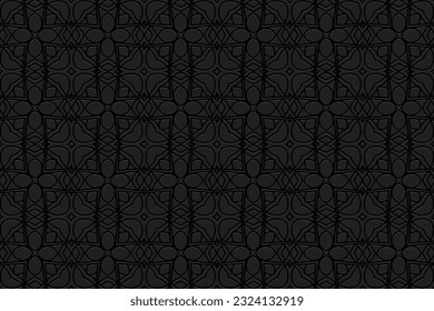 Embossed unique black background, ethnic cover design. Geometric 3D pattern, press paper, leather. Boho, handmade. Tribal color, property of the peoples of the East, Asia, India, Mexico, Aztec, Peru.