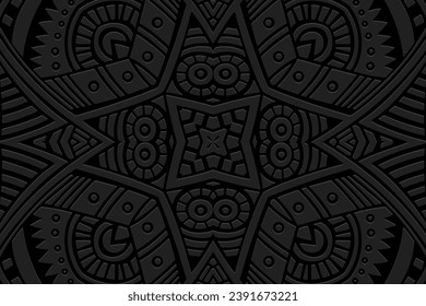 Embossed unique black background, vintage cover design. Boho style, ornamental handmade. Geometric ethnic 3D pattern. Arabesques of the East, Asia, India, Mexico, Aztec, Peru.