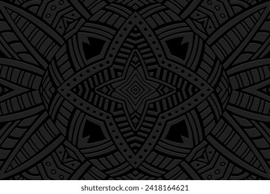 Embossed unique black background, vintage cover design. Handmade, boho, doodle, zentagle. Geometric ethnic 3D pattern. Ornaments, arabesques. Exotic of the East, Asia, India, Mexico, Aztec, Peru.