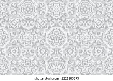 Embossed unique floral white background, ethnic cover design. Press paper, boho style, art deco. Tribal geometric 3d pattern, artistic texture of East, Asia, India, Mexico, Aztecs, Peru.