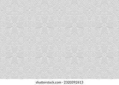 Embossed unique white background, ethnic cover design. Geometric 3D pattern, press paper, leather. Boho, handmade. Tribal color, craftsmanship of the peoples of the East, Asia, India, Mexico, Aztec.