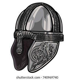 Embossed viking helmet vector with black outline and many details.
