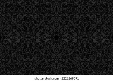 Embossed vintage black background, cover ethnic design. Press paper, boho style, doodle and zentangle technique. Tribal geometric 3d pattern. Actual themes of the East, Asia, India, Mexico, Aztecs