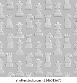 Embossed white 3d chessmen seamless pattern. Textured ornamental chess background. Relief surface 3d chesmen ornament. Endless grunge texture with embossing effect. Emboss 3d chess men silhouettes.