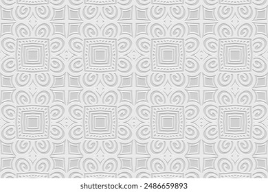 Fondo abstracto blanco grabado, diseño de la cubierta, Anuncio. Patrón tribal geométrico 3D. Adornos étnicos, arabescos, mandala. Hecho a mano exótico. Motivos de Oriente, Asia, India, México, Azteca, Perú. 