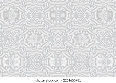 Embossed white background, cover design. Geometric elegant 3D pattern, press paper, leather. Ornaments of the East, Asia, India, Mexico, Aztecs, Peru. Ethnic boho motifs.