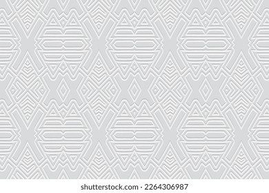 Embossed white background, cover design. Geometric abstract 3D pattern, press paper, leather. Ornaments of the East, Asia, India, Mexico, Aztecs, Peru. Ethnic boho motifs, doodling and zentangle.