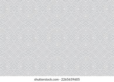 Fondo blanco con relieve, diseño de la cubierta. Patrón 3D geométrico abstracto, papel de prensa, cuero. Ornamentos de Oriente, Asia, India, México. Motivos de boho étnico, garabatos y zentangle, arte deco.