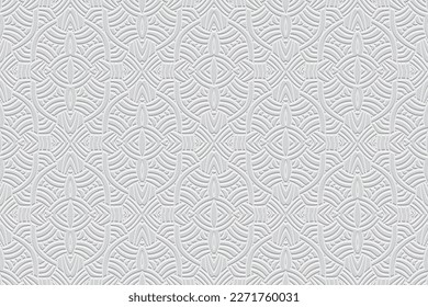 Embossed white background, cover design. Geometric abstract 3D pattern, press paper, leather. Boho, handmade ethnic themes. Traditions of the East, Asia, India, Mexico, Aztecs, Peru.