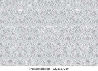 Embossed white background, cover design. Geometric abstract 3d pattern, press paper, elegant art deco. Boho, handmade ethnic themes. Traditions of the East, Asia, India, Mexico, Aztecs, Peru.