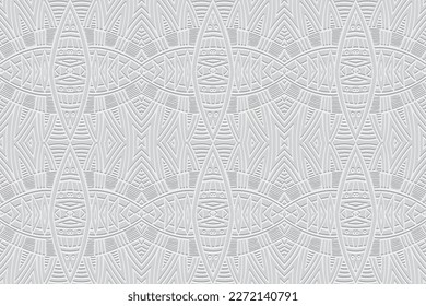 Embossed white background, cover design. Geometric exotic 3D pattern, press paper, leather, unique art deco. Boho, handmade ethnic themes. Traditions of the East, Asia, India, Mexico, Aztecs, Peru.