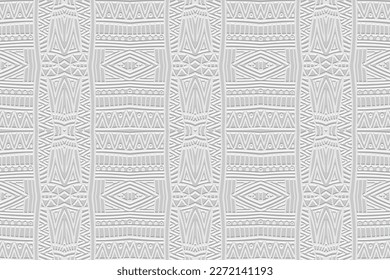 Embossed white background, cover design. Geometric exotic 3D pattern, press paper, leather, creative art deco. Boho, handmade ethnic themes. Traditions of the East, Asia, India, Mexico, Aztecs, Peru.