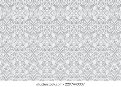 Fondo blanco con relieve, diseño de la cubierta. Patrón geométrico 3D, papel de prensa, cuero. Boho, hecho a mano. Textura abstracta de vectores étnicos tribales de Oriente, Asia, India, México, Azteca, Perú.
