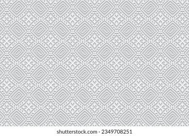 Embossed white background, cover design. Geometric ethnic elegant 3D pattern, press paper, leather. Boho, handmade. Fine tribal art of the East, Asia, India, Mexico, Aztec, Peru.