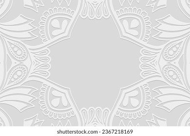 Embossed white background, cover design. Geometric ethnic 3D pattern, press paper, leather. Boho, handmade. Place for text, frame. Elegant motifs of the East, Asia, India, Mexico, Aztec, Peru.