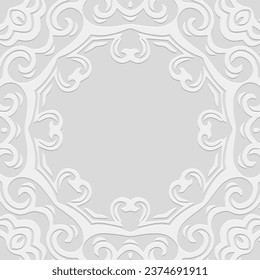 Fondo blanco con relieve, diseño de la cubierta. Patrón geométrico étnico 3D, papel de prensa, cuero. Hecho a mano, mandala, adorno. Boho, tradiciones de moda del Este, Asia, India, México, Aztecas, Perú.