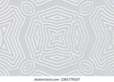 Fondo blanco con relieve, diseño de la cubierta. Estilo Boho, hecho a mano. Patrón 3D geométrico único étnico, garabato, zentángulo. Papel de prensa, cuero. Ornamentos de Oriente, Asia, India, México, Azteca, Perú.