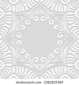 Embossed, white background, cover design. Boho style, handmade. Geometric ethnic vintage 3D pattern, frame, place for text. Ornaments of the East, Asia, India, Mexico, Aztec, Peru.