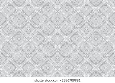 Embossed white background, cover design. Lace style, handmade. Geometric ethnic elegant 3D pattern. Arabesques of the East, Asia, India, Mexico, Aztec, Peru.