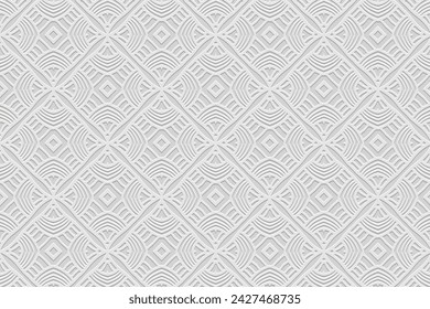 Embossed white background, cover design. Handmade. Geometric elegant 3D pattern. Ornaments, arabesques, boho style. Vintage art of the East, Asia, India, Mexico, Aztec, Peru. Ideas for creativity.