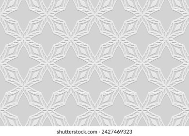 Fondo blanco grabado, diseño de la cubierta. Hecho a mano. Diseño 3D con estilo geométrico. Adornos, arabescos, estilo boho. Arte vintage de Oriente, Asia, India, México, Azteca, Perú. Ideas para la creatividad.