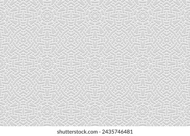 Fondo blanco grabado, diseño de la cubierta. Hecho a mano. Diseño 3D con estilo geométrico. Adornos, arabescos, estilo boho. Tradiciones de Oriente, Asia, India, México, Azteca, Perú. Diseño y decoración actuales.