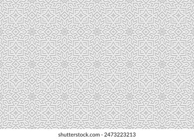 Embossed white background, cover design, banner. Geometric artistic 3D pattern. Tribal designs, arabesques, handmade. Ethnic style of the East, Asia, India, Mexico, Aztec, Peru.