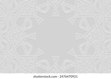 Embossed white background, cover design. Tribal boho motifs. Geometric 3D pattern, place for text, business card. Ethnic ornaments, handmade from the East, Asia, India, Mexico, Aztec, Peru.