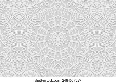 Embossed white background, cover design, banner. Geometric tribal openwork 3D pattern. Ethnic ornaments, arabesques, mandala. Handmade exotic. Motifs of the East, Asia, India, Mexico, Aztec, Peru.