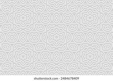 Embossed white background, cover design, banner. Geometric tribal elegant 3D pattern. Ethnic ornaments, arabesques, mandala. Handmade exotic. Motifs of the East, Asia, India, Mexico, Aztec, Peru.