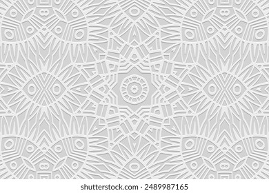 Embossed white background, cover design, banner. Geometric tribal exotic 3D pattern. Ethnic ornaments, arabesques, mandala. Vintage, handmade. Motifs of the East, Asia, India, Mexico, Aztec, Peru.